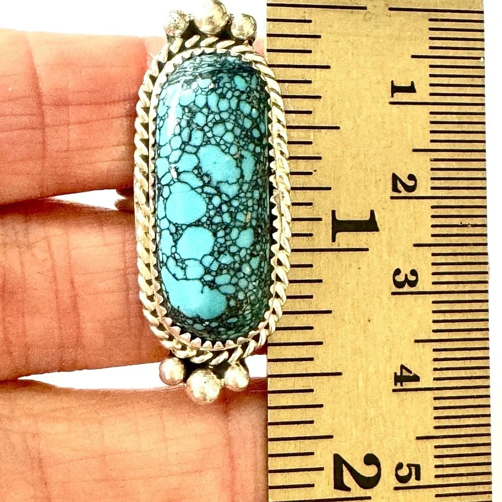 Navajo Spiderweb Turquoise Ring Sz 8.5 Long Sterling Native American Unique